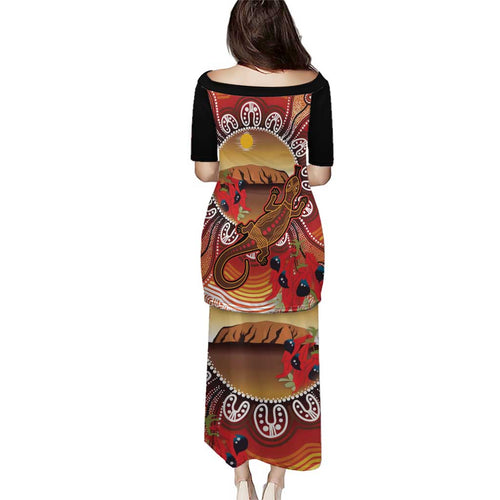 Indigenous Goanna Australia Family Matching Puletasi and Hawaiian Shirt Aussie Uluru Ayers Rock Sturt's Desert Pea