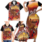 Indigenous Goanna Australia Family Matching Short Sleeve Bodycon Dress and Hawaiian Shirt Aussie Uluru Ayers Rock Sturt's Desert Pea