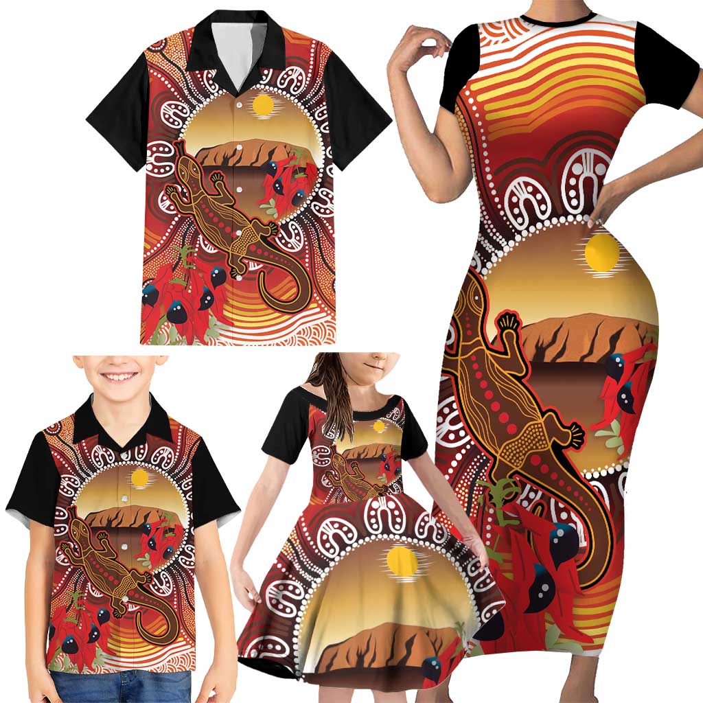 Indigenous Goanna Australia Family Matching Short Sleeve Bodycon Dress and Hawaiian Shirt Aussie Uluru Ayers Rock Sturt's Desert Pea