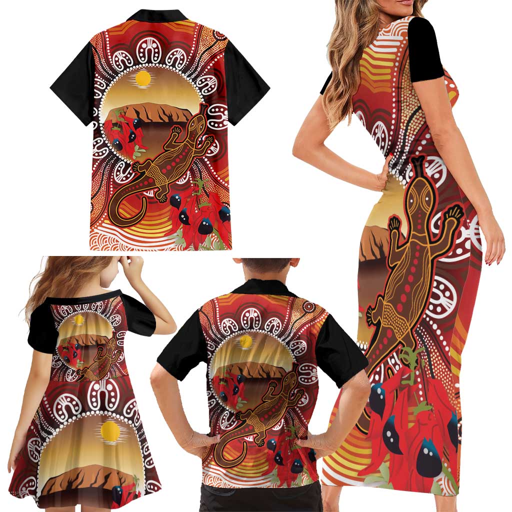 Indigenous Goanna Australia Family Matching Short Sleeve Bodycon Dress and Hawaiian Shirt Aussie Uluru Ayers Rock Sturt's Desert Pea
