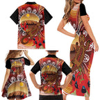 Indigenous Goanna Australia Family Matching Short Sleeve Bodycon Dress and Hawaiian Shirt Aussie Uluru Ayers Rock Sturt's Desert Pea