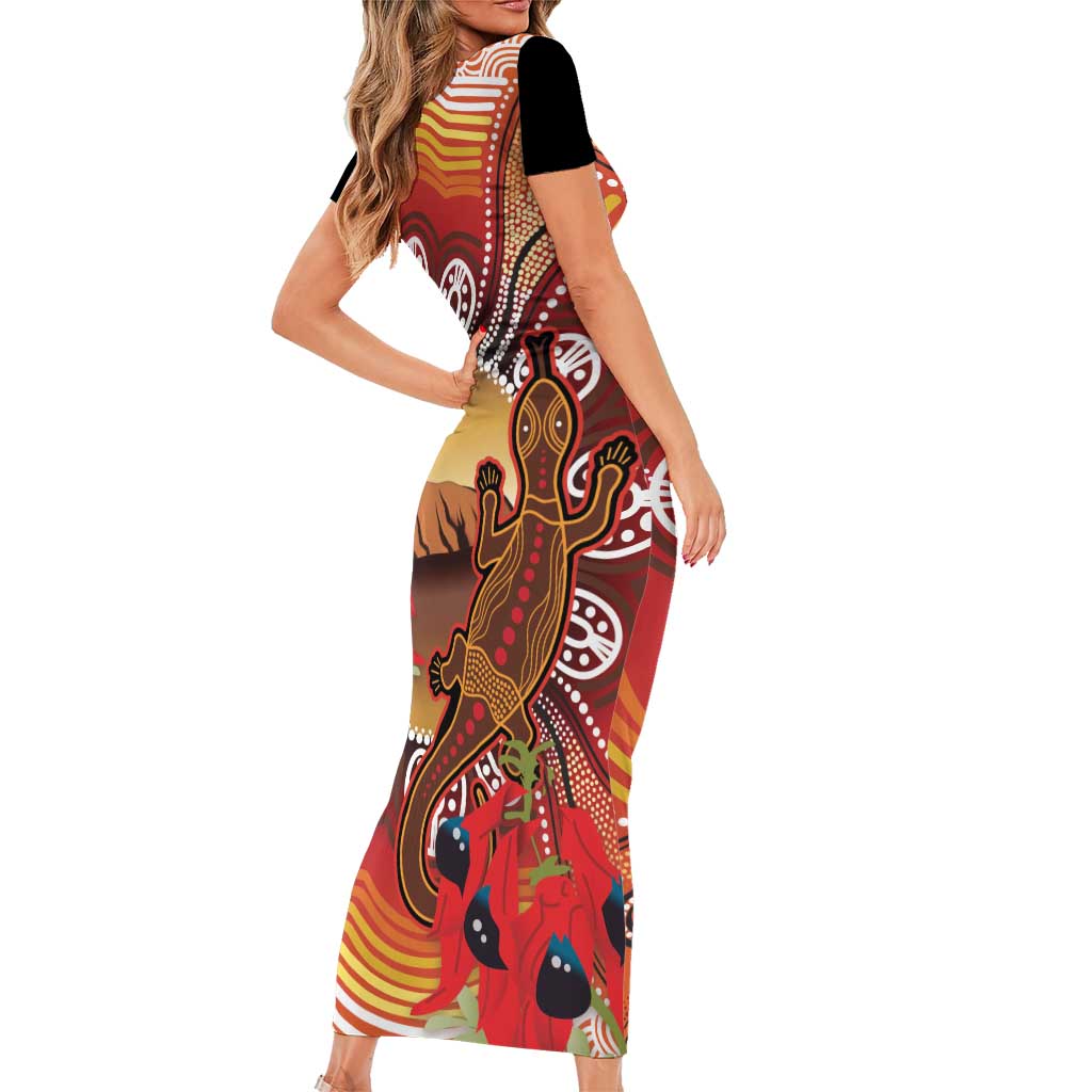 Indigenous Goanna Australia Family Matching Short Sleeve Bodycon Dress and Hawaiian Shirt Aussie Uluru Ayers Rock Sturt's Desert Pea