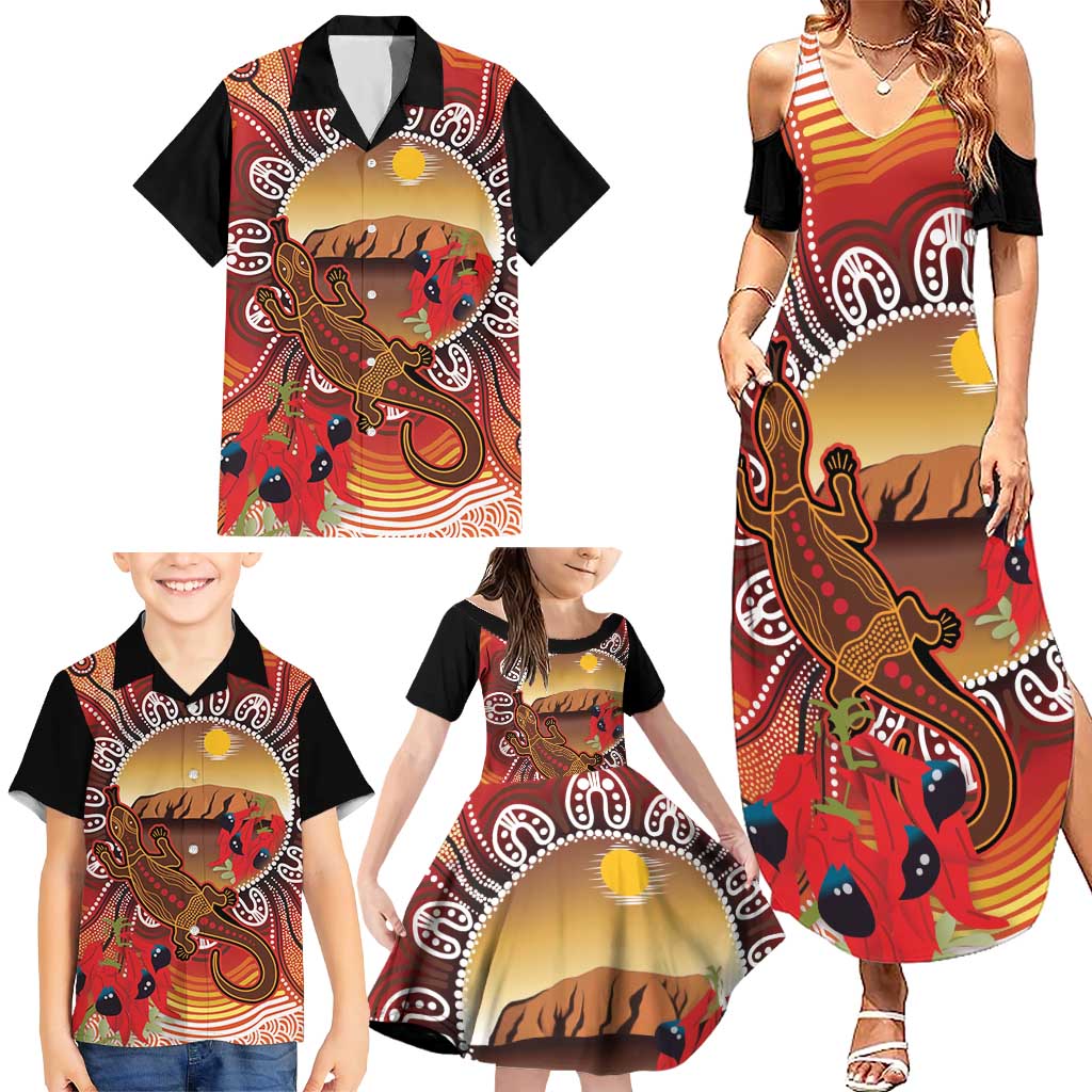 Indigenous Goanna Australia Family Matching Summer Maxi Dress and Hawaiian Shirt Aussie Uluru Ayers Rock Sturt's Desert Pea