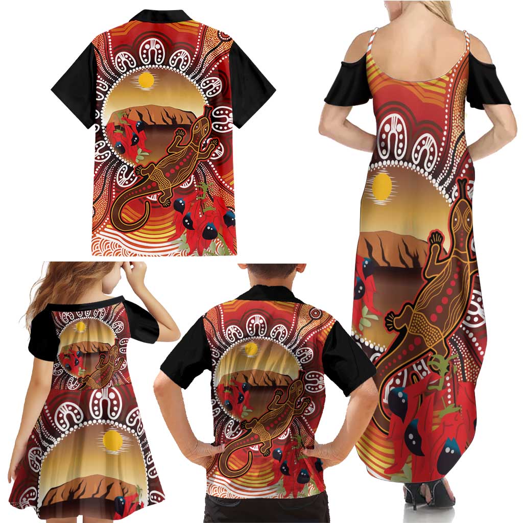 Indigenous Goanna Australia Family Matching Summer Maxi Dress and Hawaiian Shirt Aussie Uluru Ayers Rock Sturt's Desert Pea