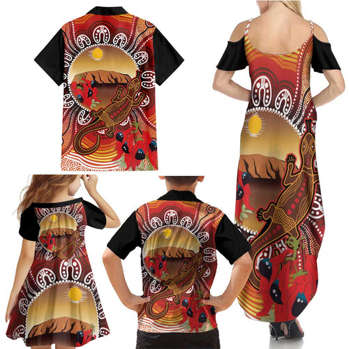 Indigenous Goanna Australia Family Matching Summer Maxi Dress and Hawaiian Shirt Aussie Uluru Ayers Rock Sturt's Desert Pea