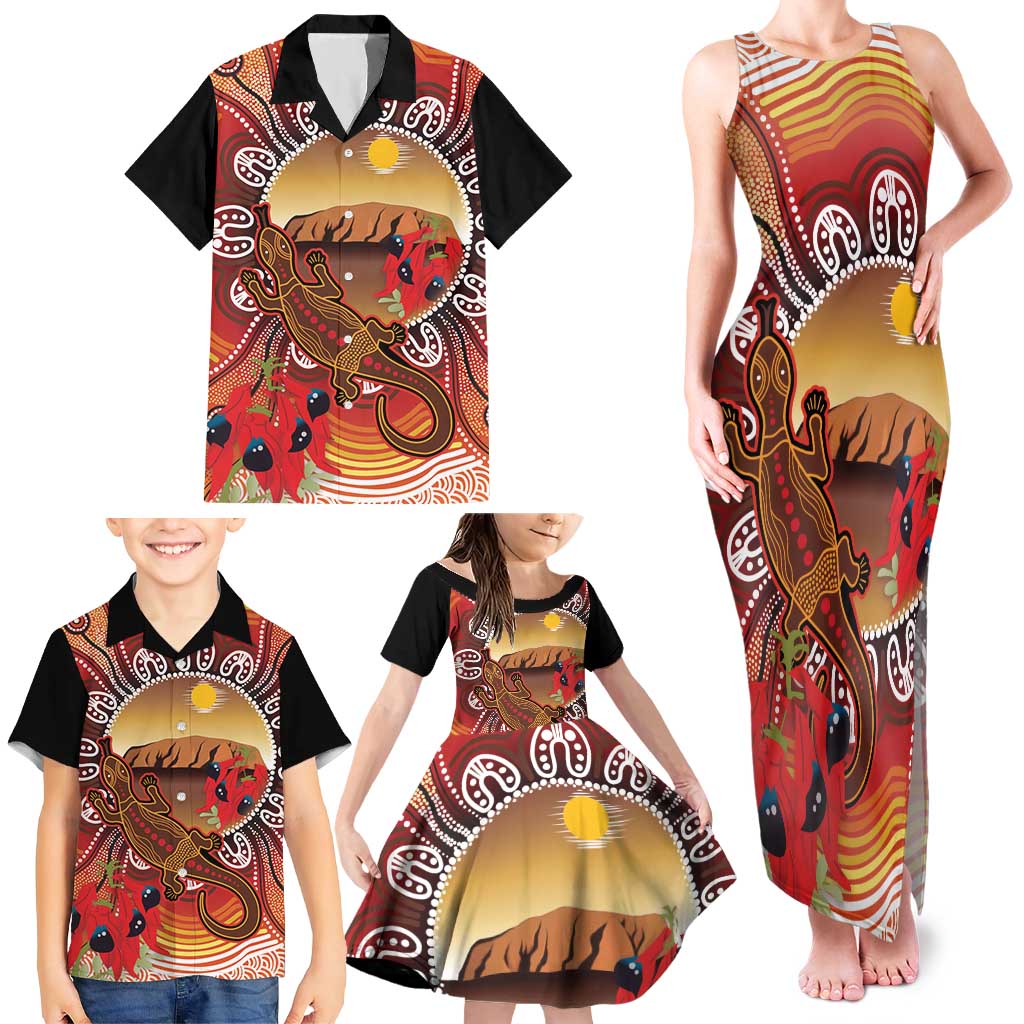 Indigenous Goanna Australia Family Matching Tank Maxi Dress and Hawaiian Shirt Aussie Uluru Ayers Rock Sturt's Desert Pea