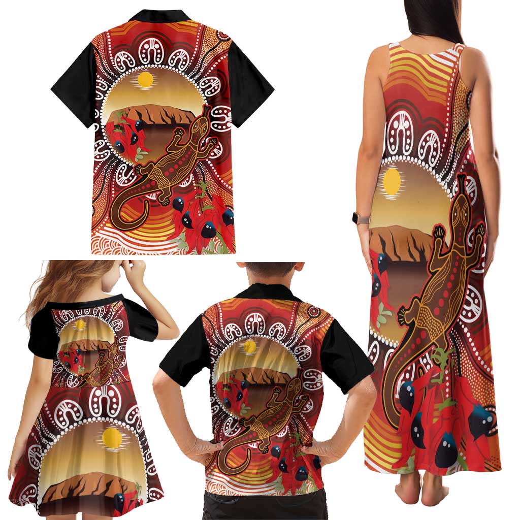 Indigenous Goanna Australia Family Matching Tank Maxi Dress and Hawaiian Shirt Aussie Uluru Ayers Rock Sturt's Desert Pea