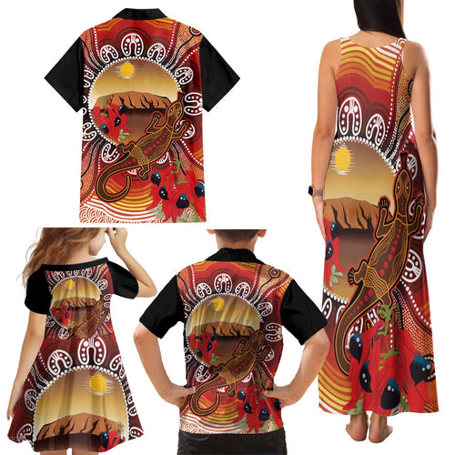 Indigenous Goanna Australia Family Matching Tank Maxi Dress and Hawaiian Shirt Aussie Uluru Ayers Rock Sturt's Desert Pea