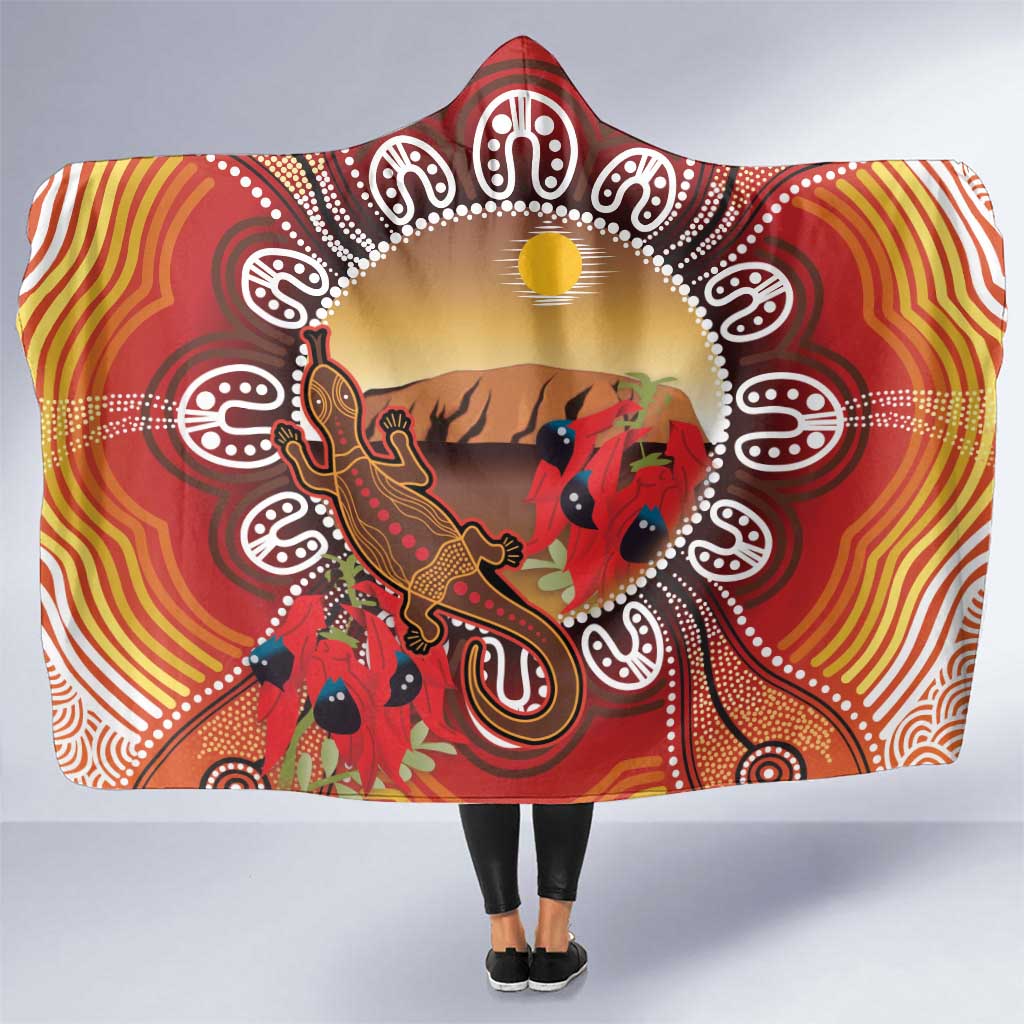 Indigenous Goanna Australia Hooded Blanket Aussie Uluru Ayers Rock Sturt's Desert Pea