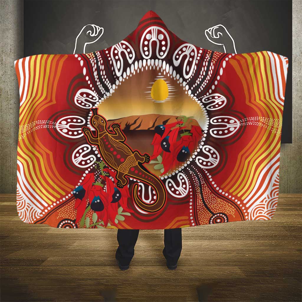Indigenous Goanna Australia Hooded Blanket Aussie Uluru Ayers Rock Sturt's Desert Pea