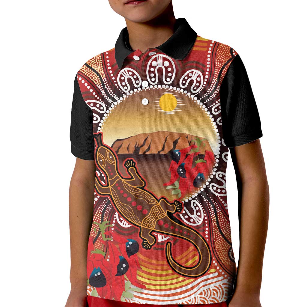Indigenous Goanna Australia Kid Polo Shirt Aussie Uluru Ayers Rock Sturt's Desert Pea