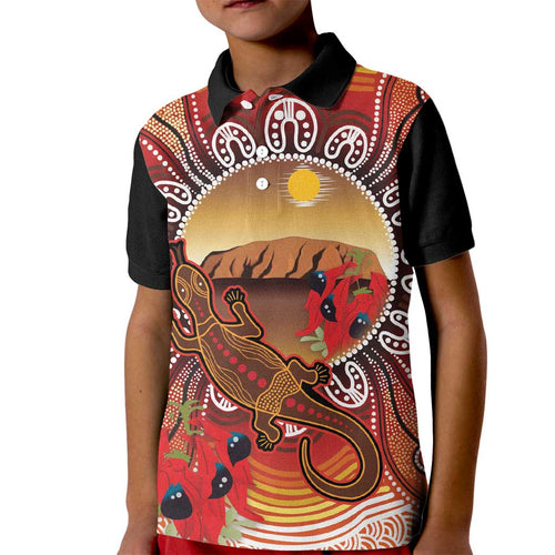 Indigenous Goanna Australia Kid Polo Shirt Aussie Uluru Ayers Rock Sturt's Desert Pea
