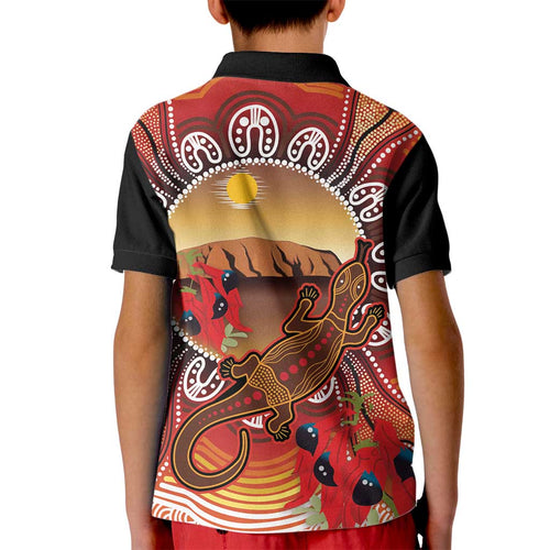 Indigenous Goanna Australia Kid Polo Shirt Aussie Uluru Ayers Rock Sturt's Desert Pea