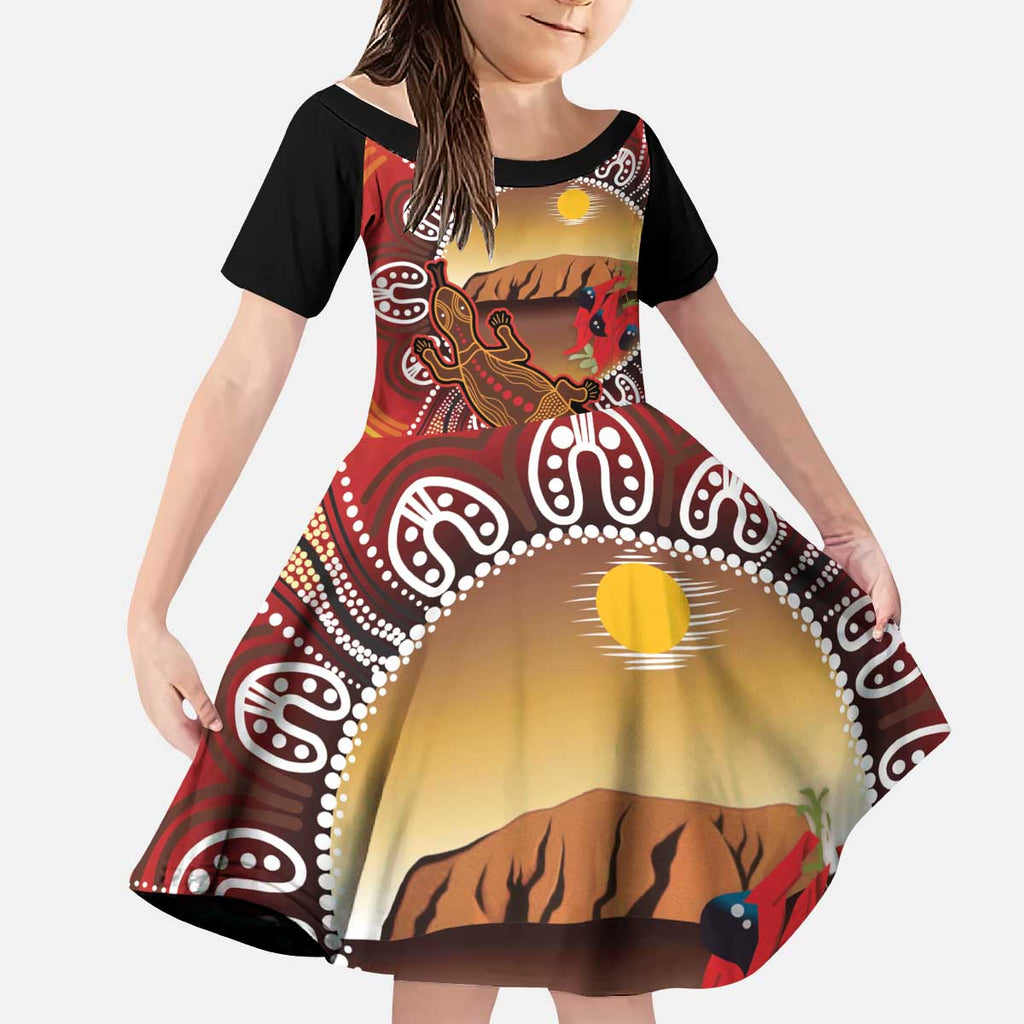Indigenous Goanna Australia Kid Short Sleeve Dress Aussie Uluru Ayers Rock Sturt's Desert Pea