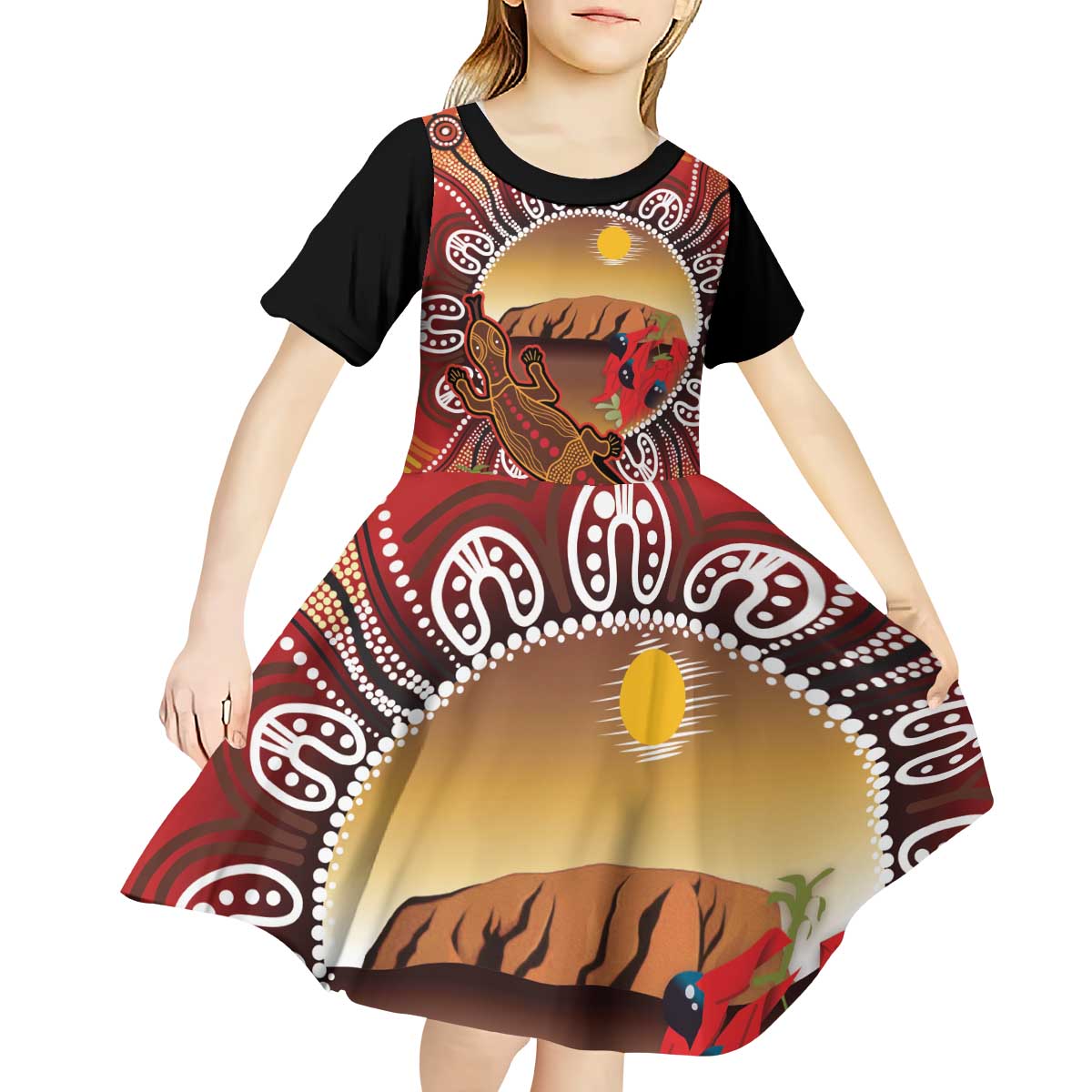 Indigenous Goanna Australia Kid Short Sleeve Dress Aussie Uluru Ayers Rock Sturt's Desert Pea