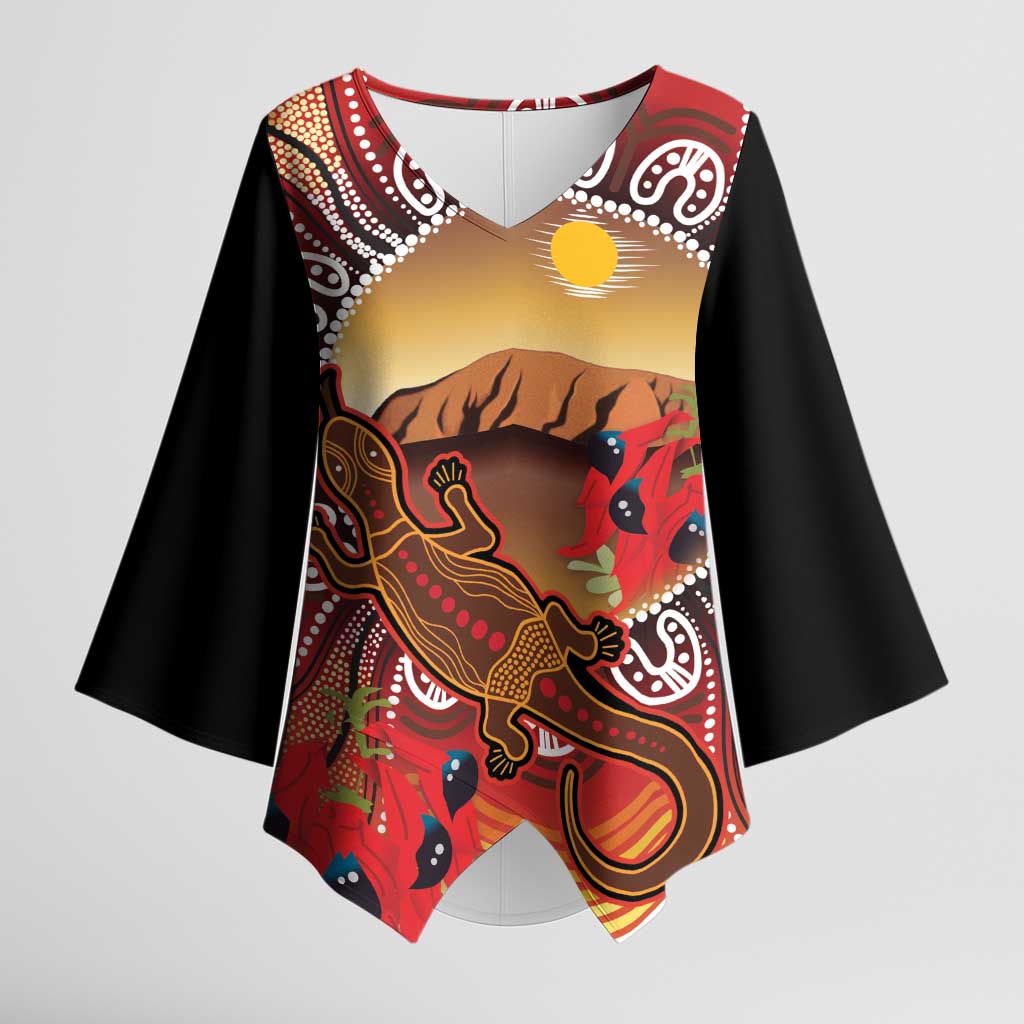 Indigenous Goanna Australia Kimono Sleeve Blouse Aussie Uluru Ayers Rock Sturt's Desert Pea