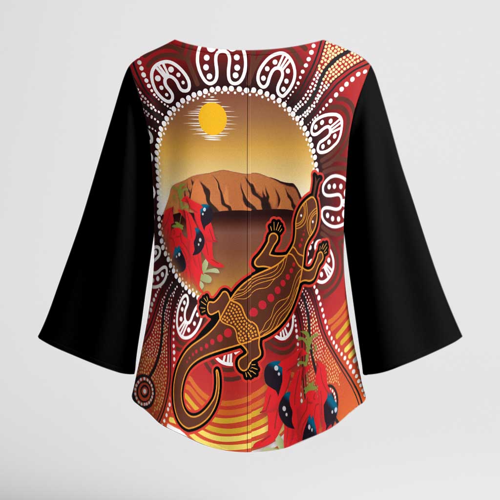 Indigenous Goanna Australia Kimono Sleeve Blouse Aussie Uluru Ayers Rock Sturt's Desert Pea