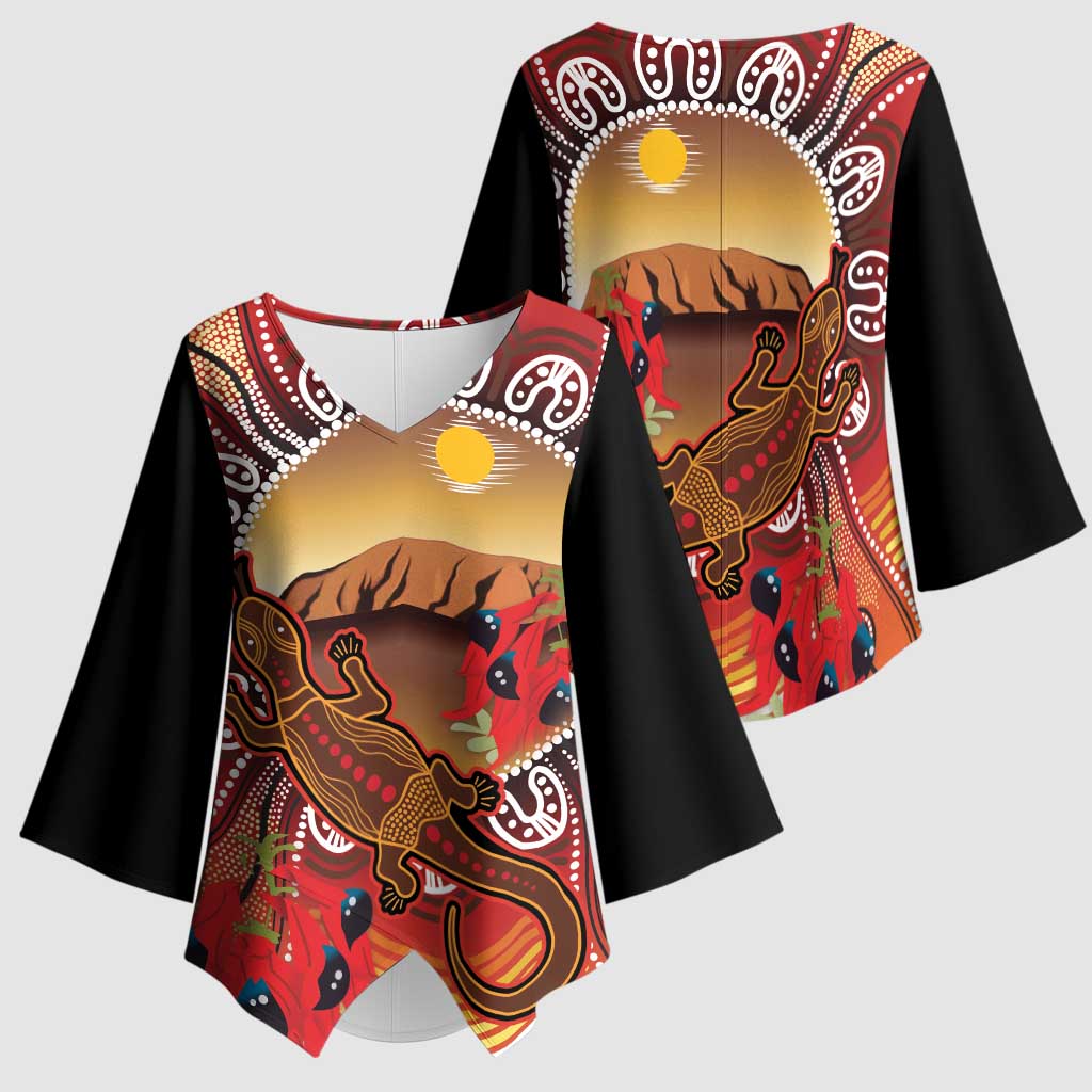 Indigenous Goanna Australia Kimono Sleeve Blouse Aussie Uluru Ayers Rock Sturt's Desert Pea