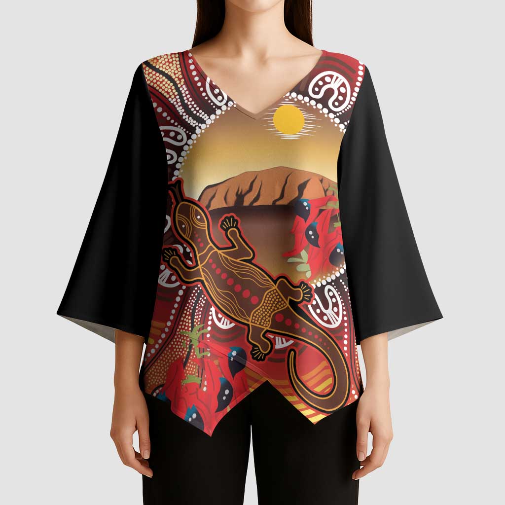 Indigenous Goanna Australia Kimono Sleeve Blouse Aussie Uluru Ayers Rock Sturt's Desert Pea