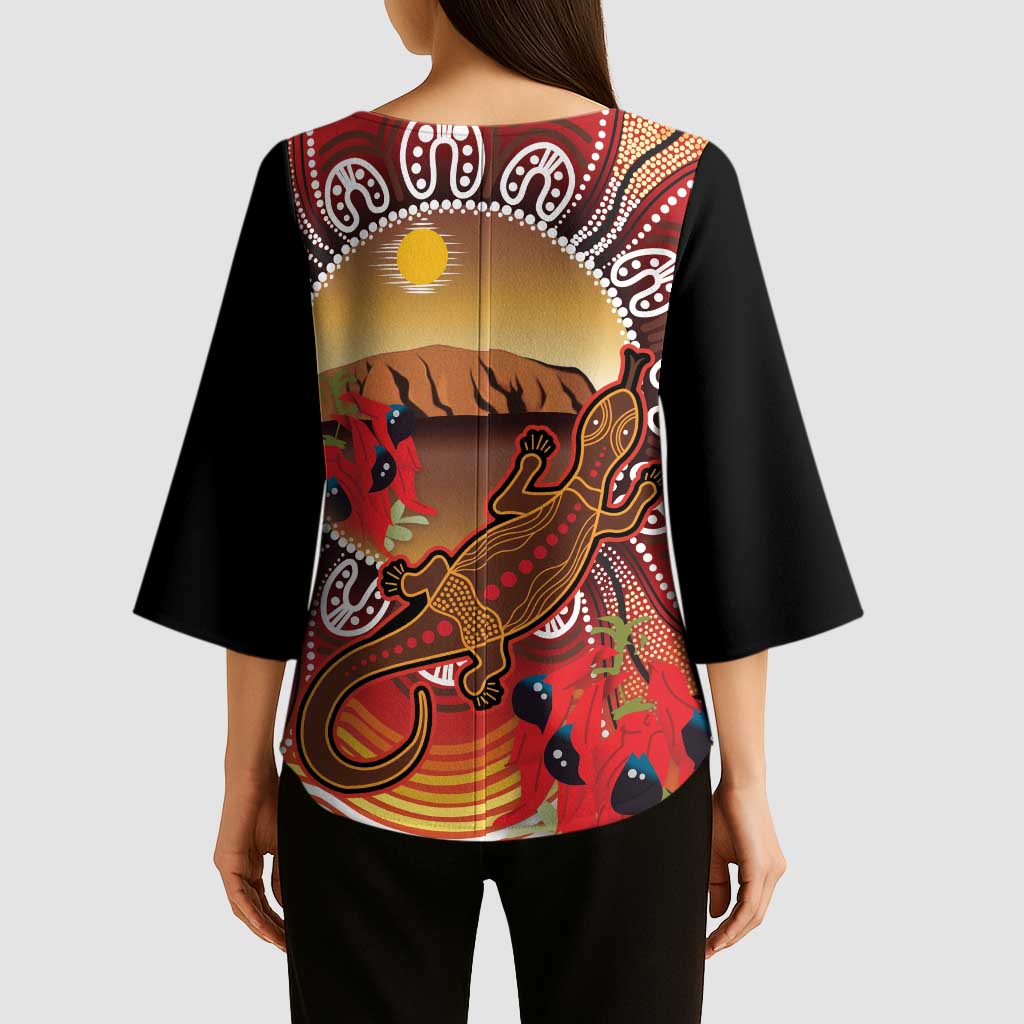 Indigenous Goanna Australia Kimono Sleeve Blouse Aussie Uluru Ayers Rock Sturt's Desert Pea