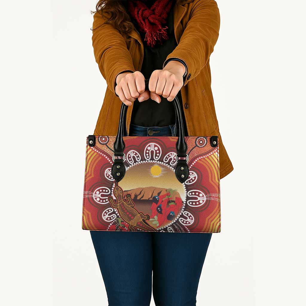 Indigenous Goanna Australia Leather Bag Aussie Uluru Ayers Rock Sturt's Desert Pea