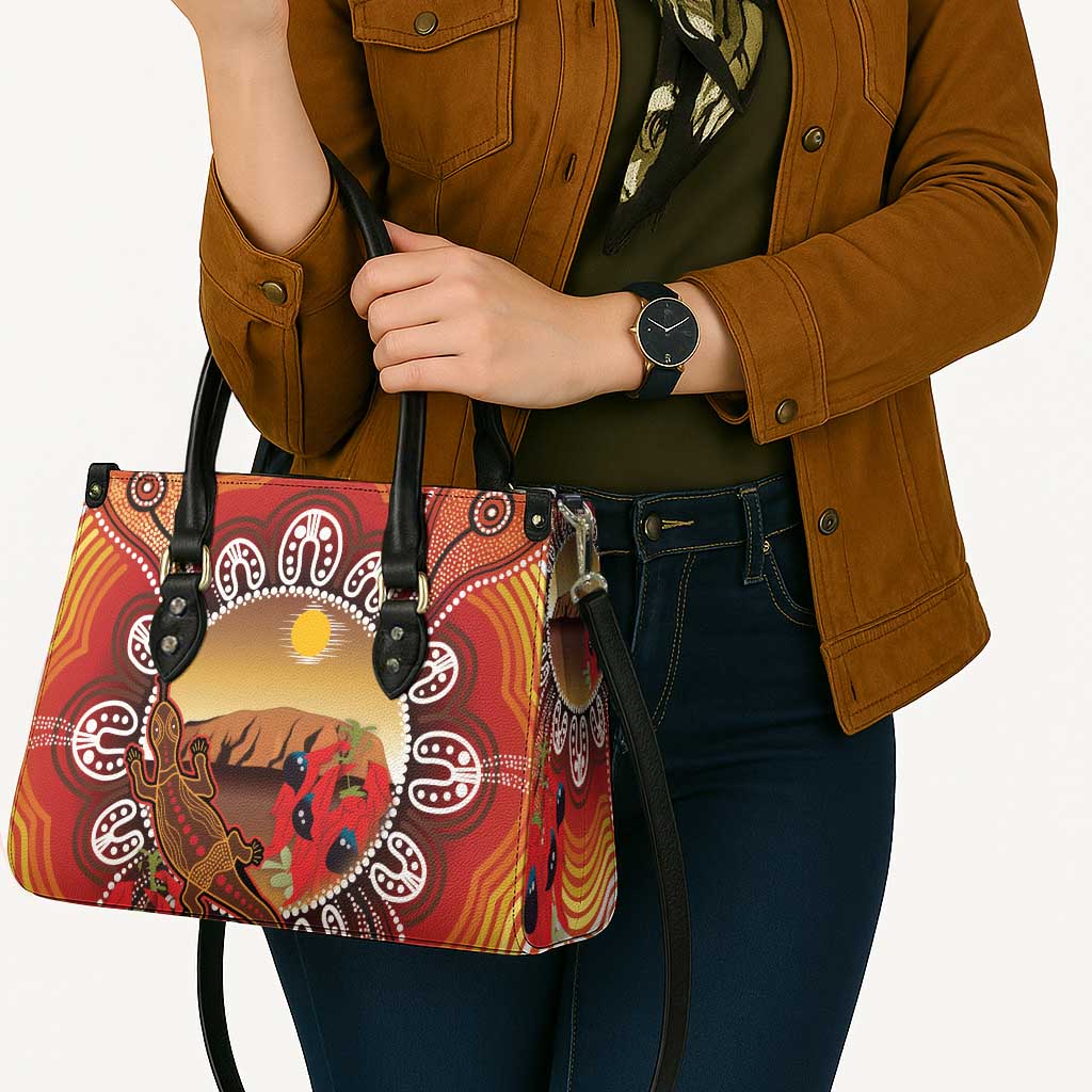 Indigenous Goanna Australia Leather Bag Aussie Uluru Ayers Rock Sturt's Desert Pea