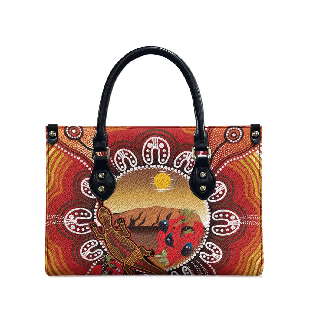 Indigenous Goanna Australia Leather Bag Aussie Uluru Ayers Rock Sturt's Desert Pea