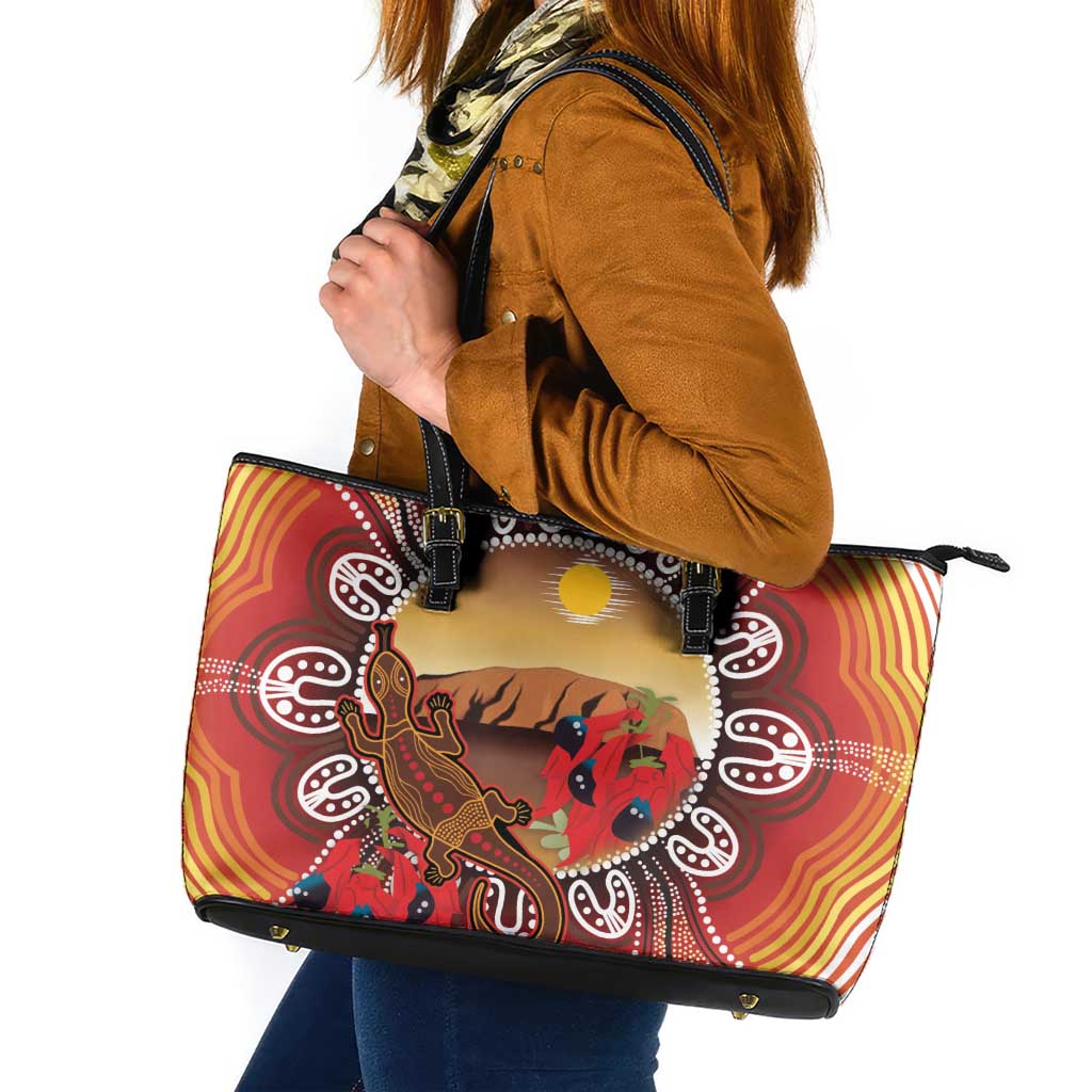 Indigenous Goanna Australia Leather Tote Bag Aussie Uluru Ayers Rock Sturt's Desert Pea
