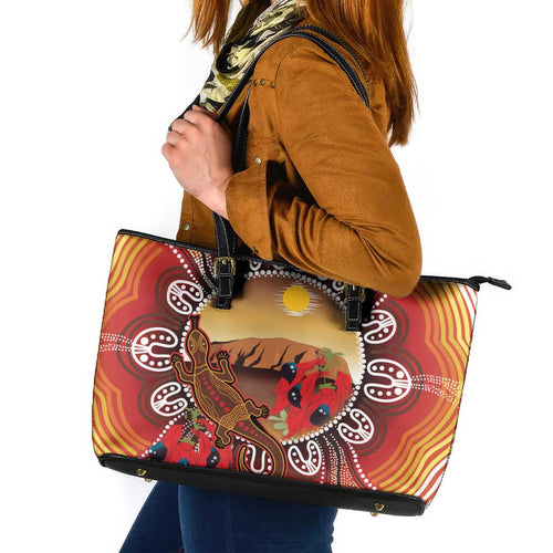 Indigenous Goanna Australia Leather Tote Bag Aussie Uluru Ayers Rock Sturt's Desert Pea