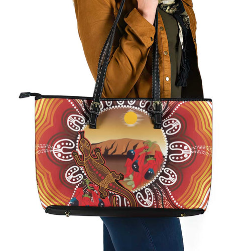 Indigenous Goanna Australia Leather Tote Bag Aussie Uluru Ayers Rock Sturt's Desert Pea