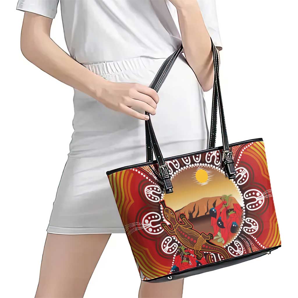 Indigenous Goanna Australia Leather Tote Bag Aussie Uluru Ayers Rock Sturt's Desert Pea