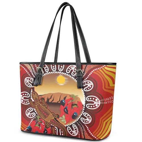 Indigenous Goanna Australia Leather Tote Bag Aussie Uluru Ayers Rock Sturt's Desert Pea