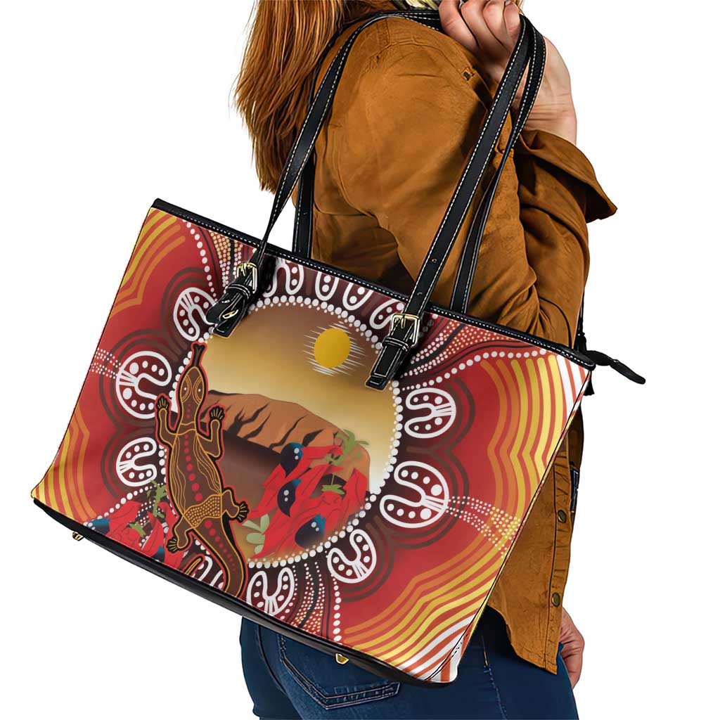 Indigenous Goanna Australia Leather Tote Bag Aussie Uluru Ayers Rock Sturt's Desert Pea