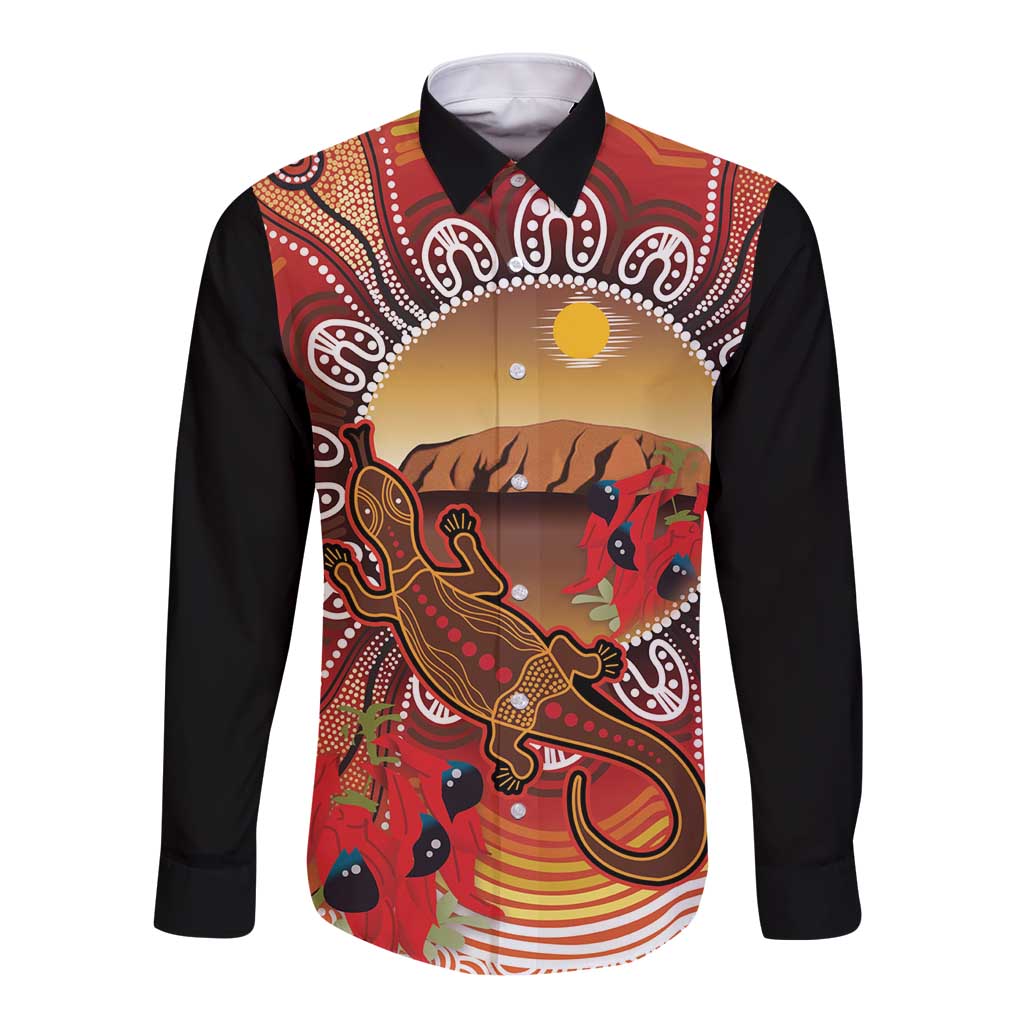 Indigenous Goanna Australia Long Sleeve Button Shirt Aussie Uluru Ayers Rock Sturt's Desert Pea