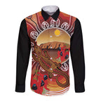 Indigenous Goanna Australia Long Sleeve Button Shirt Aussie Uluru Ayers Rock Sturt's Desert Pea