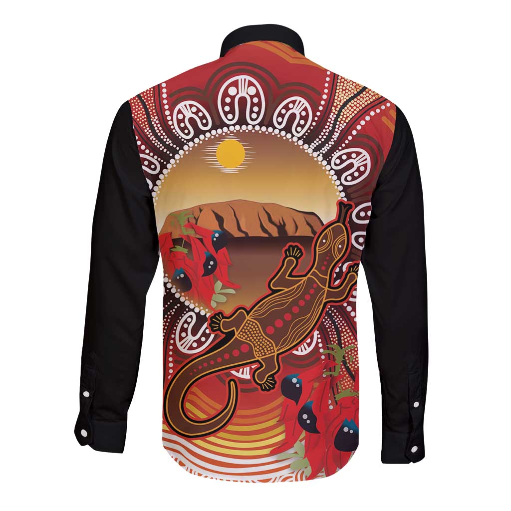 Indigenous Goanna Australia Long Sleeve Button Shirt Aussie Uluru Ayers Rock Sturt's Desert Pea