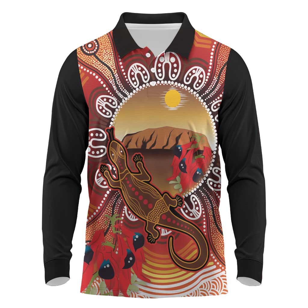 Indigenous Goanna Australia Long Sleeve Polo Shirt Aussie Uluru Ayers Rock Sturt's Desert Pea