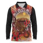 Indigenous Goanna Australia Long Sleeve Polo Shirt Aussie Uluru Ayers Rock Sturt's Desert Pea