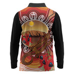 Indigenous Goanna Australia Long Sleeve Polo Shirt Aussie Uluru Ayers Rock Sturt's Desert Pea