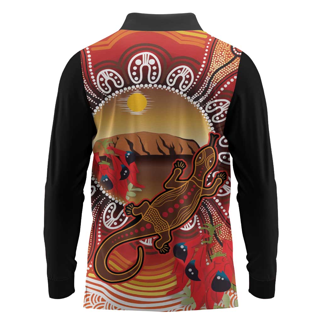 Indigenous Goanna Australia Long Sleeve Polo Shirt Aussie Uluru Ayers Rock Sturt's Desert Pea