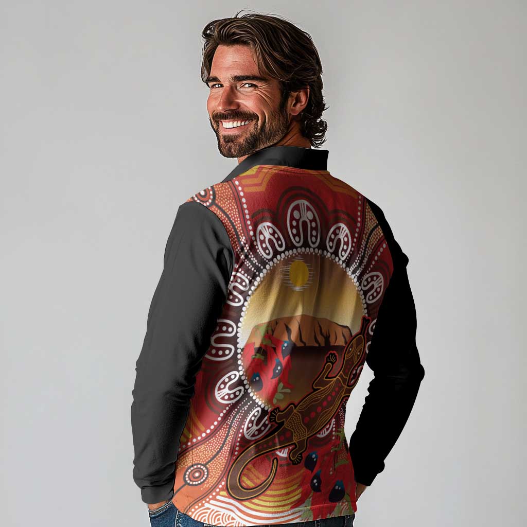 Indigenous Goanna Australia Long Sleeve Polo Shirt Aussie Uluru Ayers Rock Sturt's Desert Pea