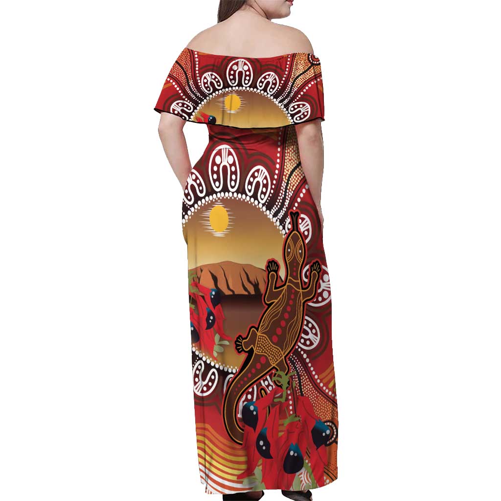 Indigenous Goanna Australia Off Shoulder Maxi Dress Aussie Uluru Ayers Rock Sturt's Desert Pea