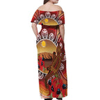 Indigenous Goanna Australia Off Shoulder Maxi Dress Aussie Uluru Ayers Rock Sturt's Desert Pea