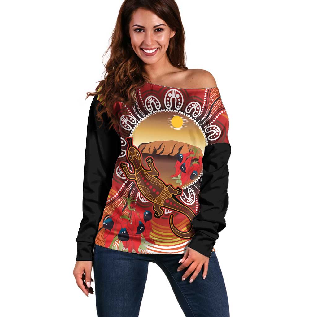 Indigenous Goanna Australia Off Shoulder Sweater Aussie Uluru Ayers Rock Sturt's Desert Pea