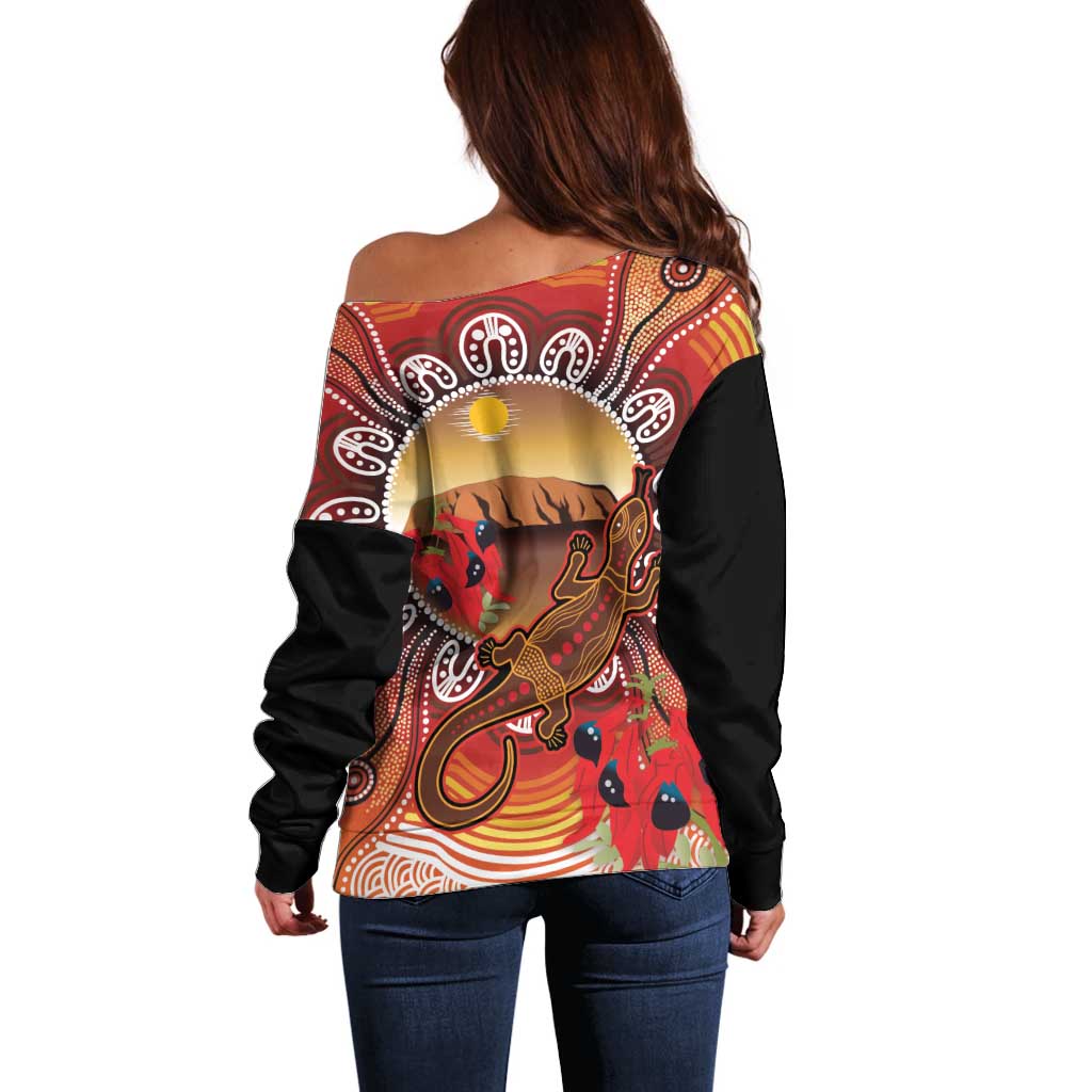 Indigenous Goanna Australia Off Shoulder Sweater Aussie Uluru Ayers Rock Sturt's Desert Pea