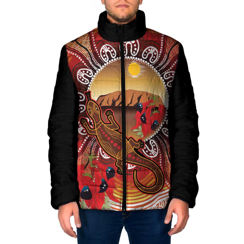 Indigenous Goanna Australia Padded Jacket Aussie Uluru Ayers Rock Sturt's Desert Pea