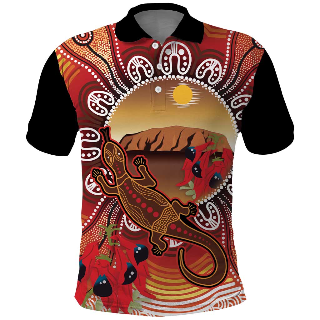 Indigenous Goanna Australia Polo Shirt Aussie Uluru Ayers Rock Sturt's Desert Pea