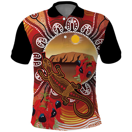 Indigenous Goanna Australia Polo Shirt Aussie Uluru Ayers Rock Sturt's Desert Pea