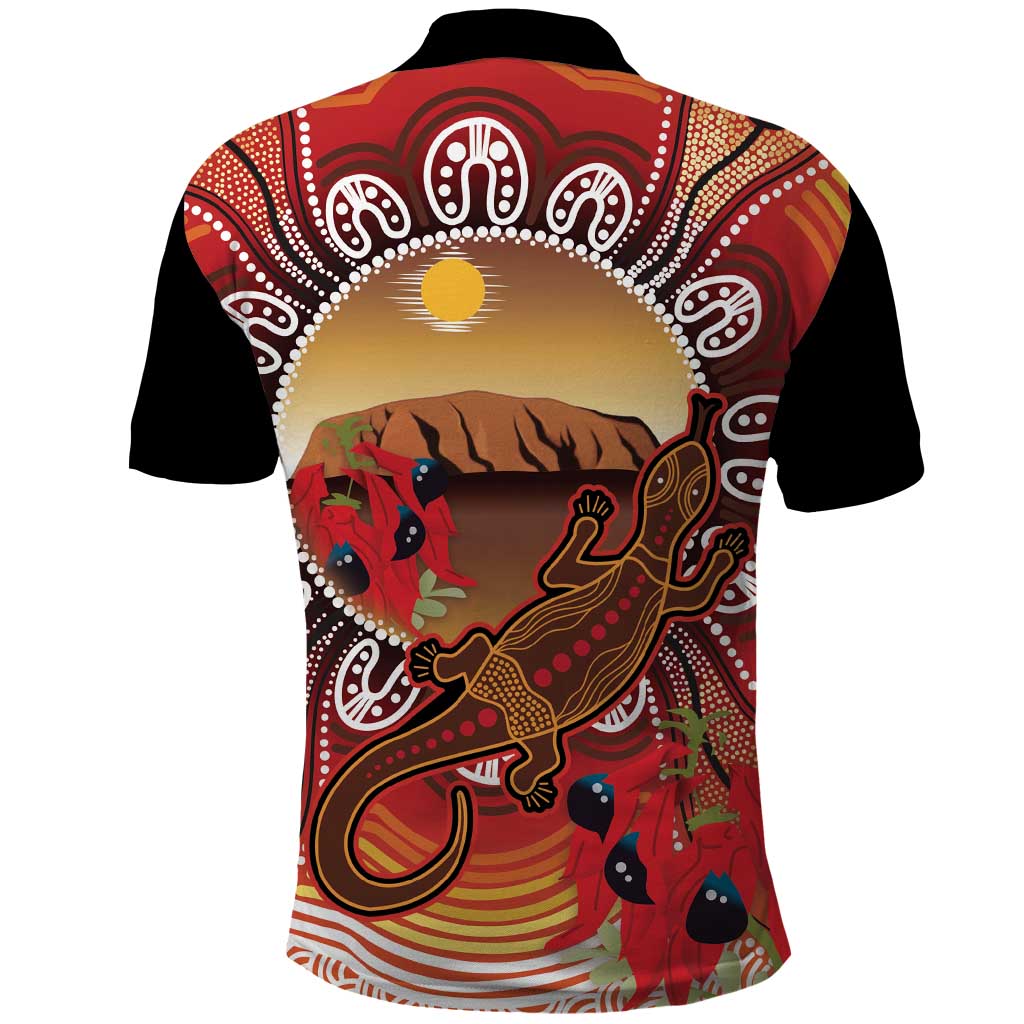 Indigenous Goanna Australia Polo Shirt Aussie Uluru Ayers Rock Sturt's Desert Pea