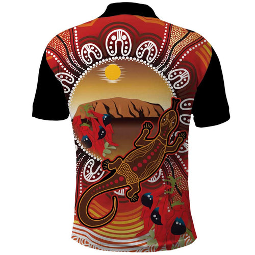 Indigenous Goanna Australia Polo Shirt Aussie Uluru Ayers Rock Sturt's Desert Pea